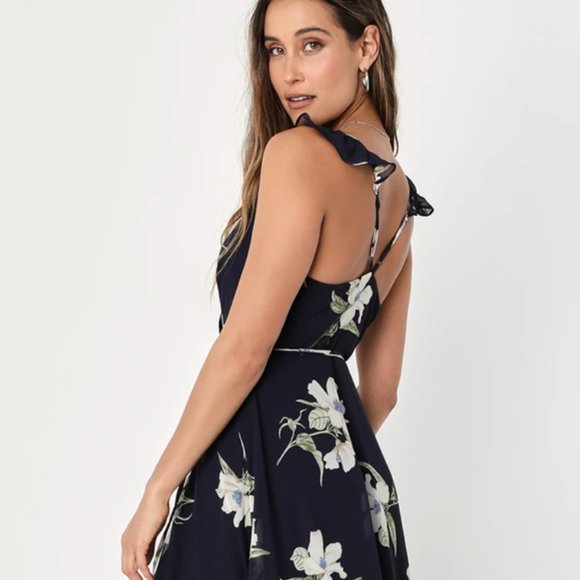 Lulus Wrap Dress - Floral Navy Blue - Picture 2 of 6